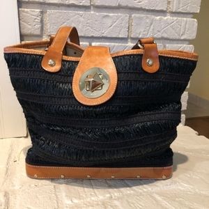 Kate Spade ♠️ Black Raffia/Rattan Bucket Bag | Tan Studded Leather & Wood Base